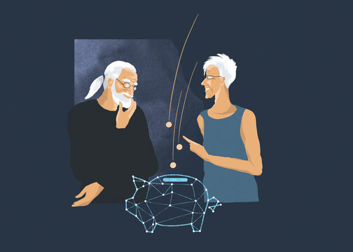 Senior discusses digital retirement savings with financial advisor