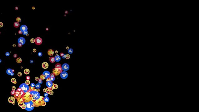 Stream animated social media reaction emojis with hearts, love, care, like, haha, floating upwards on a black background, 4k Social media concept reacting to a positive viral post