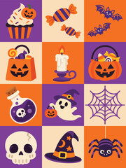 Fototapeta premium Vibrant Halloween grid features spooky treats and creatures