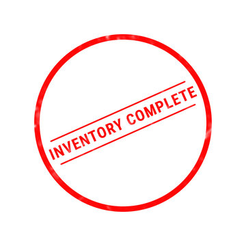 A bright red circular rubber stamp graphic featuring the bold text inventory complete centered inside the ring isolated on a plain white background