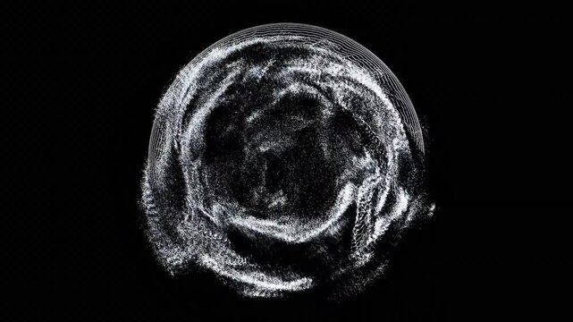 Circular Particle Vortex Graphic.A circular outline on black background, filled with wavy lines and particle noise, fragmented textures radiate from center.