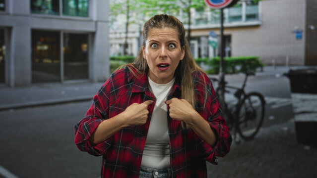 Woman points finger to chest wearing red flannel shirt and white tee on city street by building and bicycle; self doubt surprise.