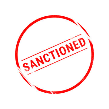 A vibrant red rubber stamp graphic clearly shows the word sanctioned in a strong and easily readable font style on a plain white backdrop