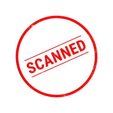 A vibrant red rubber stamp illustration clearly shows the word scanned against a pristine white backdrop for official document verification processes and approval