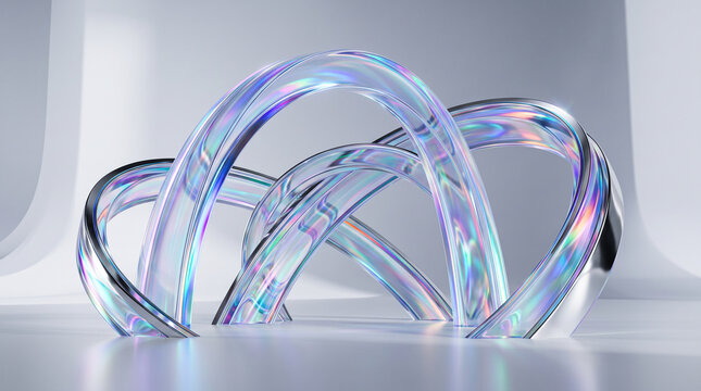 Abstract Holographic 3D Background, futuristic 3d render showing elegant holographic glass arches with prismatic rainbow reflections standing in bright minimalist studio environment with soft light.