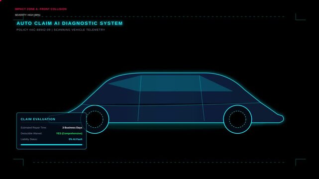 Futuristic AI Vehicle Accident Insurance Claim Diagnostic System Interface Digital Graphic Scan