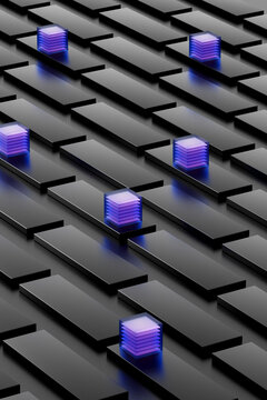 Glowing quantum data cubes rest on black server blocks