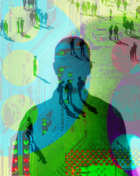 Abstract digital circuit board silhouette with people shadows