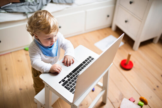 Little boy at home playing with laptop