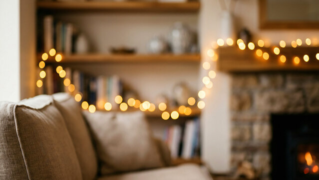 Linen sofa with fairy lights in a cozy living room soft dreamy out of focus