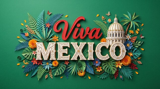 Viva Mexico typography with tropical leaves and flowers, Mexican independence day celebration banner, festive floral paper craft background