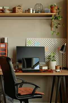 Empty modern home office workplace with computer and desk