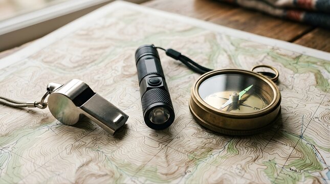 Compass, flashlight, and metal whistle on topographic map for adventure