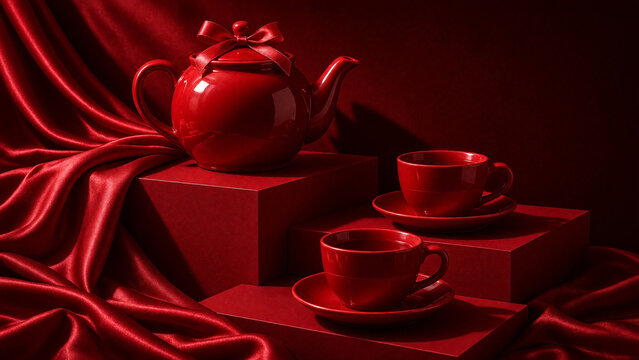 Monochrome still life with red teapot and teacups on geometric blocks. Elegant ceramic tea set with ribbon against a draped red satin background