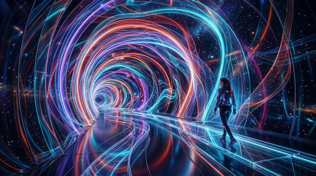 Abstract Holographic 3D Background, with futuristic tunnel, composed of swirling, glowing neon light ribbons in a vibrant spectrum of colors, expanse wonder and advanced technology.