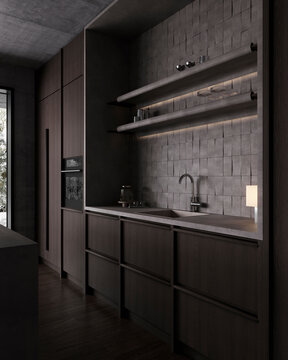 A dark wooden kitchen interior displays stylish furniture and sink