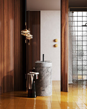 A contemporary bathroom features a marble washbasin and yellow tile