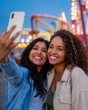 Two young friends taking a cheerful selfie at an amusement park after sunset, framed by colorful ride lights and soft evening bokeh.