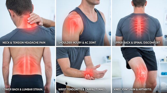 Chronic body pain infographic set, man with red muscle inflammation, neck back shoulder and joint injury diagrams for medical use