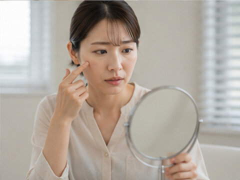 鏡を見る女性,美容,美容医療,肌悩み,顔の悩み,コンプレックス,鏡,女性,日本人女性,顔,肌,頬,目元,口元,鼻,額,あご,フェイスライン,しわ,たるみ,シミ,毛穴,ニキビ,くすみ,乾燥肌,ほうれい線,目の下のクマ,肌荒れ,肌トラブル,スキンケア,エイジングケア,アンチエイジング,美容相談,美容カウンセリング,美容クリニック,美容皮膚科,美容外科,施術前,セルフチェック,確認,悩む,考える,不安,