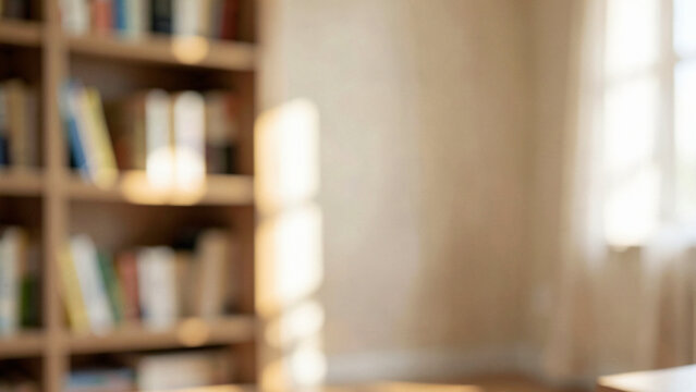 Bookshelf in a fully defocused interior of a sunlit room with window light bokeh