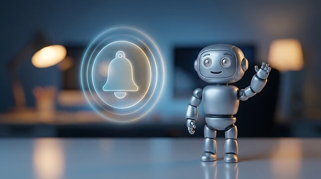 A small cute robot character waving hello beside a glowing digital bell notification icon in a modern blue tech environment for smart home concepts