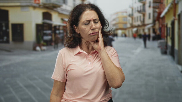 Middle age woman with hand on cheek on a pedestrian street, facial wince and closed eyes suggest tooth pain; discomfort toothache.