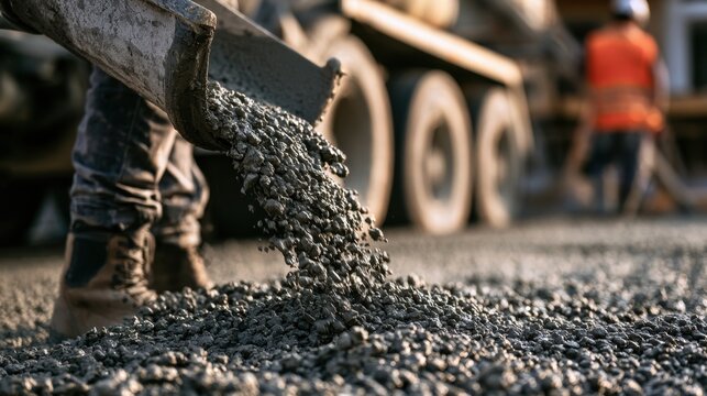 Close-up of wet concrete being poured from chute onto road surface with construction worker and machinery in background during paving work