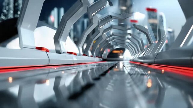 Futuristic Transport Hub: Sleek, modern architecture dominates a high-speed transit tunnel, with a vehicle visible in the distance, evoking a sense of advanced technology and rapid movement.