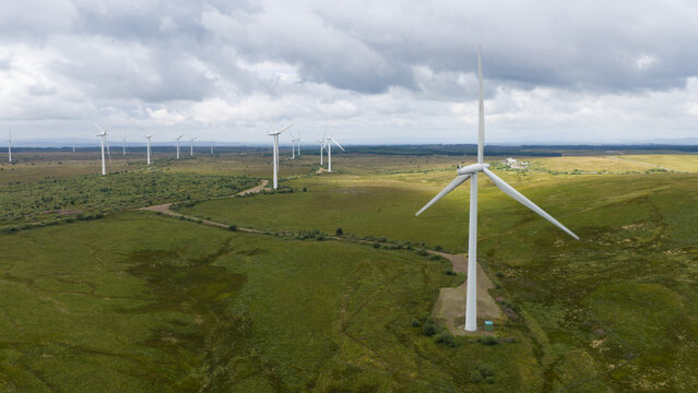 Aerial view of Whitelee wind farm in Scotland with onshore wind turbines