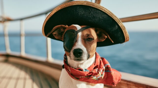 Small dog wearing pirate hat and eye patch with red scarf sitting on boat deck near ocean on sunny day