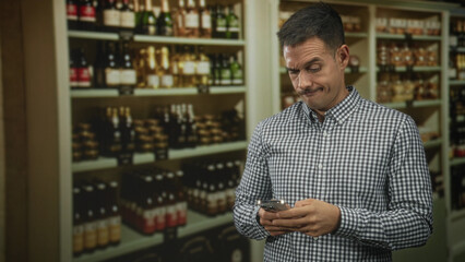 Hispanic man with moustache taps smartphone and scrolls while standing in a supermarket aisle...