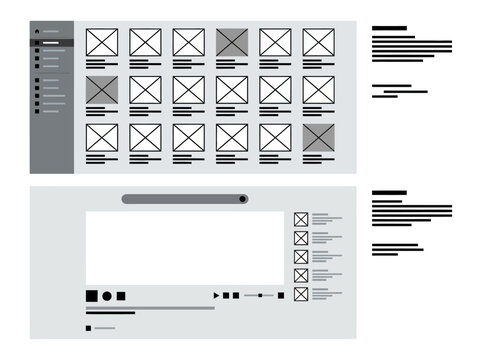 Website Wireframe and UI Layout Prototype Showing Gallery Grid and Video Player