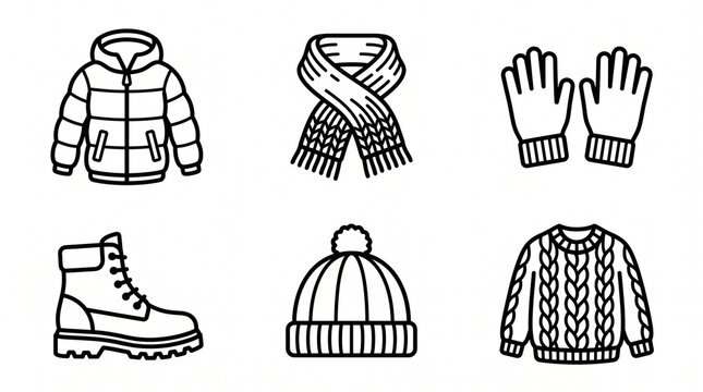 Winter clothing icons set featuring black outline illustrations of puffer jacket scarf gloves hiking boot pompom beanie and knit sweater on a clean white background