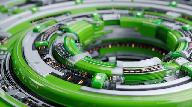 Abstract Futuristic Circuit Board: A complex and intricate abstract design resembling a futuristic circuit board with glowing green and silver concentric rings.