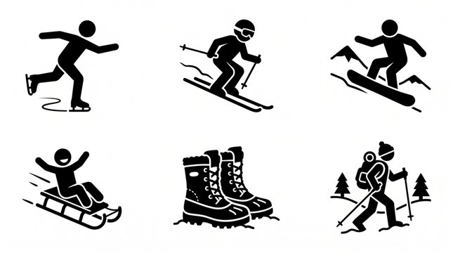 Winter sports icons set showing diverse recreational activities like ice skating skiing snowboarding sledding hiking and wearing durable insulated boots for cold weather outdoor mountain adventures