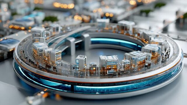 Futuristic Cityscape Ring: An intricate, futuristic city design featuring a circular arrangement of buildings and transport systems illuminated with vibrant blue light.