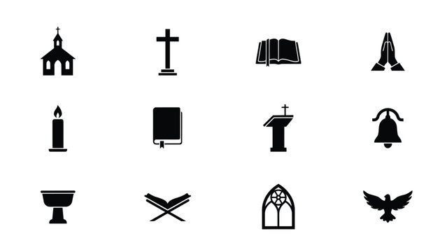 Collection of religious symbols and icons in minimalist black with representing various religious symbols church elements black white architecture illustration prayerbook