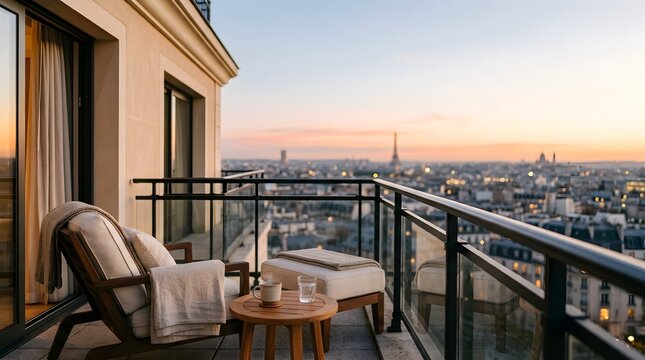 Luxurious hotel balcony with panoramic view of Paris skyline at sunset featuring comfortable seating