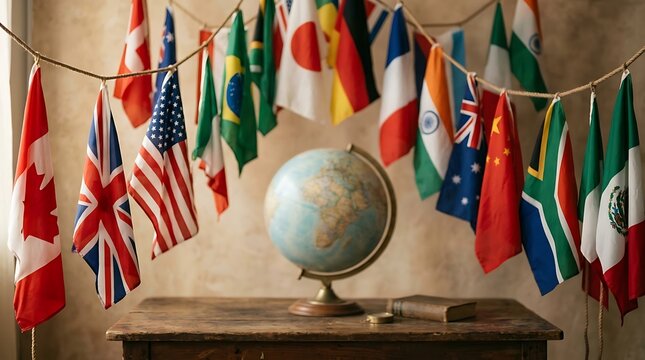 International flags of world nations hanging on a rope above a vintage wooden desk with an antique globe for travel and global communication concepts