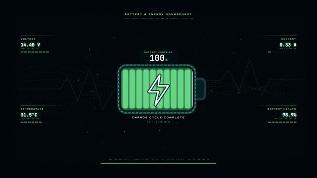 Futuristic digital dashboard showing battery energy management and charging progress from empty to full.