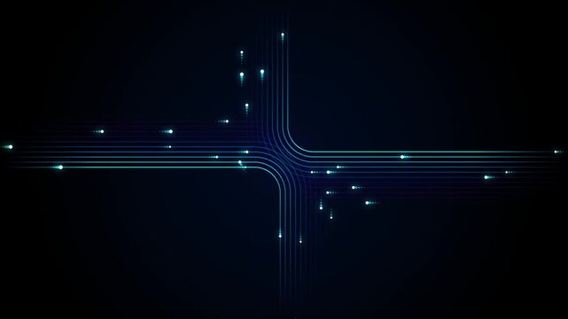Abstract background with glowing blue and purple light trails moving along digital pathways