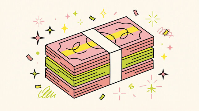 Hand drawn style stack of colorful banknotes. Marker graphic illustration of bundled paper money with confetti. Wealth and business profit concept