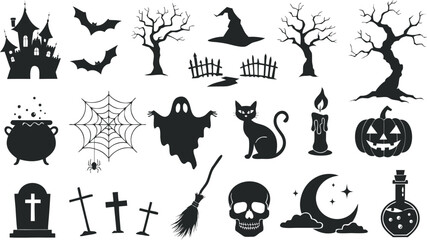 Fototapeta premium Halloween Spooky Silhouette Vector Element Set. a collection of spooky Halloween-themed silhouette vector illustrations. Transparent background. EPS - 10. 