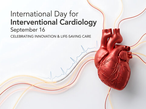 Cardiology day poster with heart model and wire catheter. International Day for Interventional Cardiology 