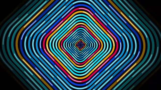 Abstract background with concentric rounded square neon glowing light lines forming a tunnel effect