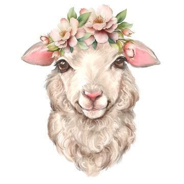Hand-drawn illustration of a cute sheep portrait with a pink floral crown