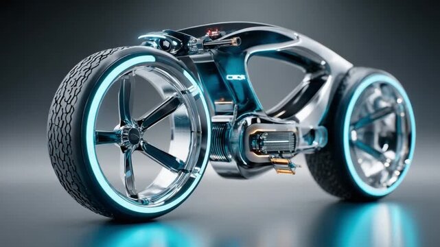 Futuristic Trike Concept: A sleek, chrome-plated three-wheeled vehicle with glowing blue accents and a low-profile design, embodying advanced technology and speed.