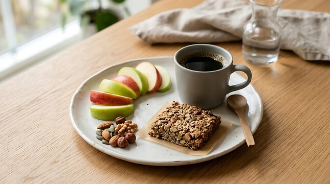 Healthy breakfast plate with oat granola bar sliced green apples nuts and a cup of black coffee on table. kaffe pause