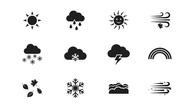 Weather icons display various conditions in a clean grid arrangement with Black white icons illustrate different weather types seasonal changes precipitation illustration sun